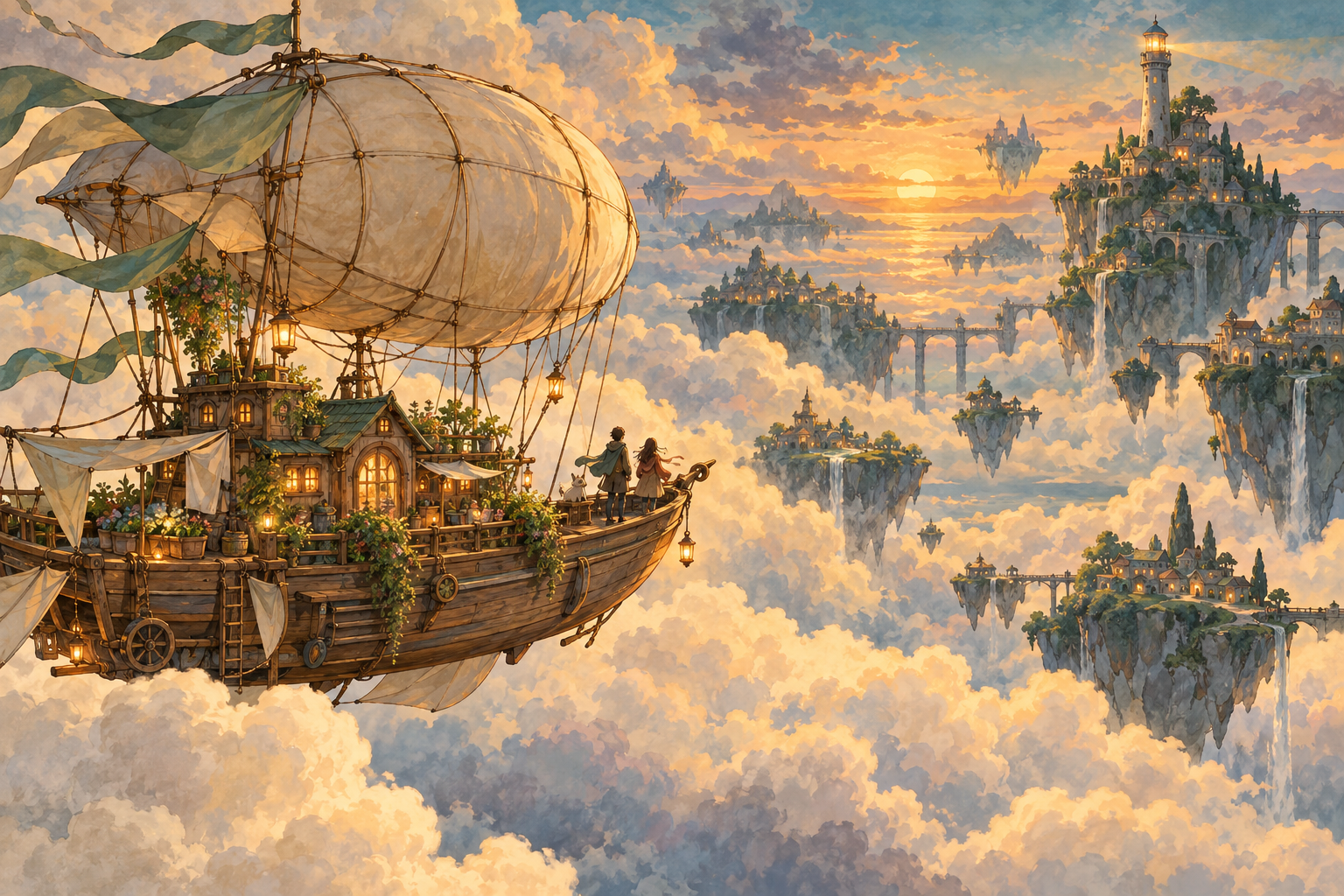 Concept illustration of a home aboard an airship, sailing toward floating islands at sunset.